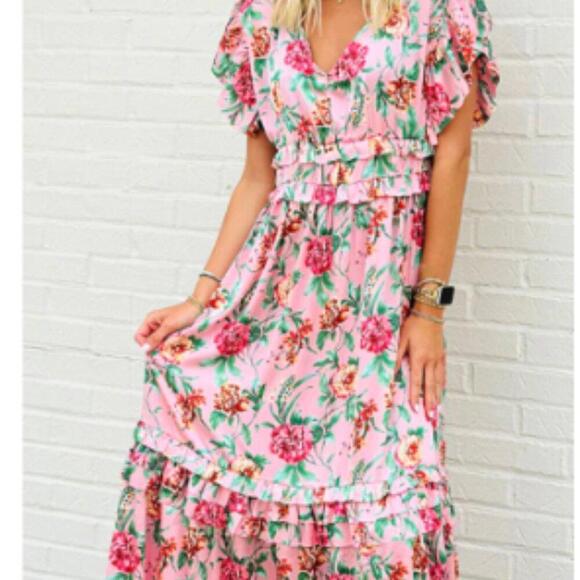 eesome Dresses & Skirts - eesome Women's Out to Tea Midi Dress Pink Floral V Neck Size Large
